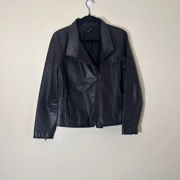 Eileen Fisher Leather black moto biker jacket Asymmetrical zip size small - Picture 3 of 16